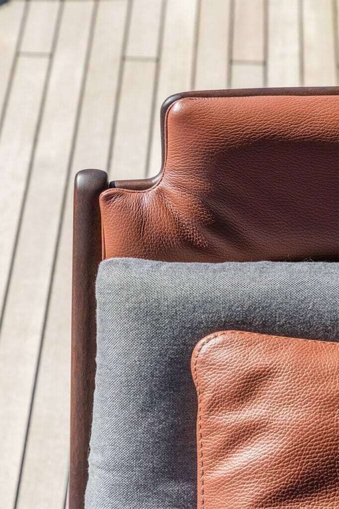 yachtsandmore lifestyle outside furniture upholstered bench with wood detail leather fabric